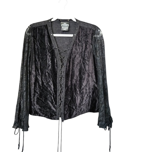 Angie Tops - Angie Gothic Velvet Lace Up Corset Top Black Long Sleeve Victorian Renaissance M